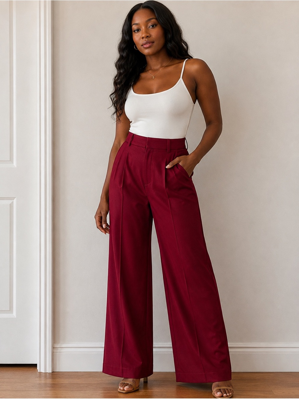 NWT Wayf Burgundy Wide-Leg High-Waist Trousers size M